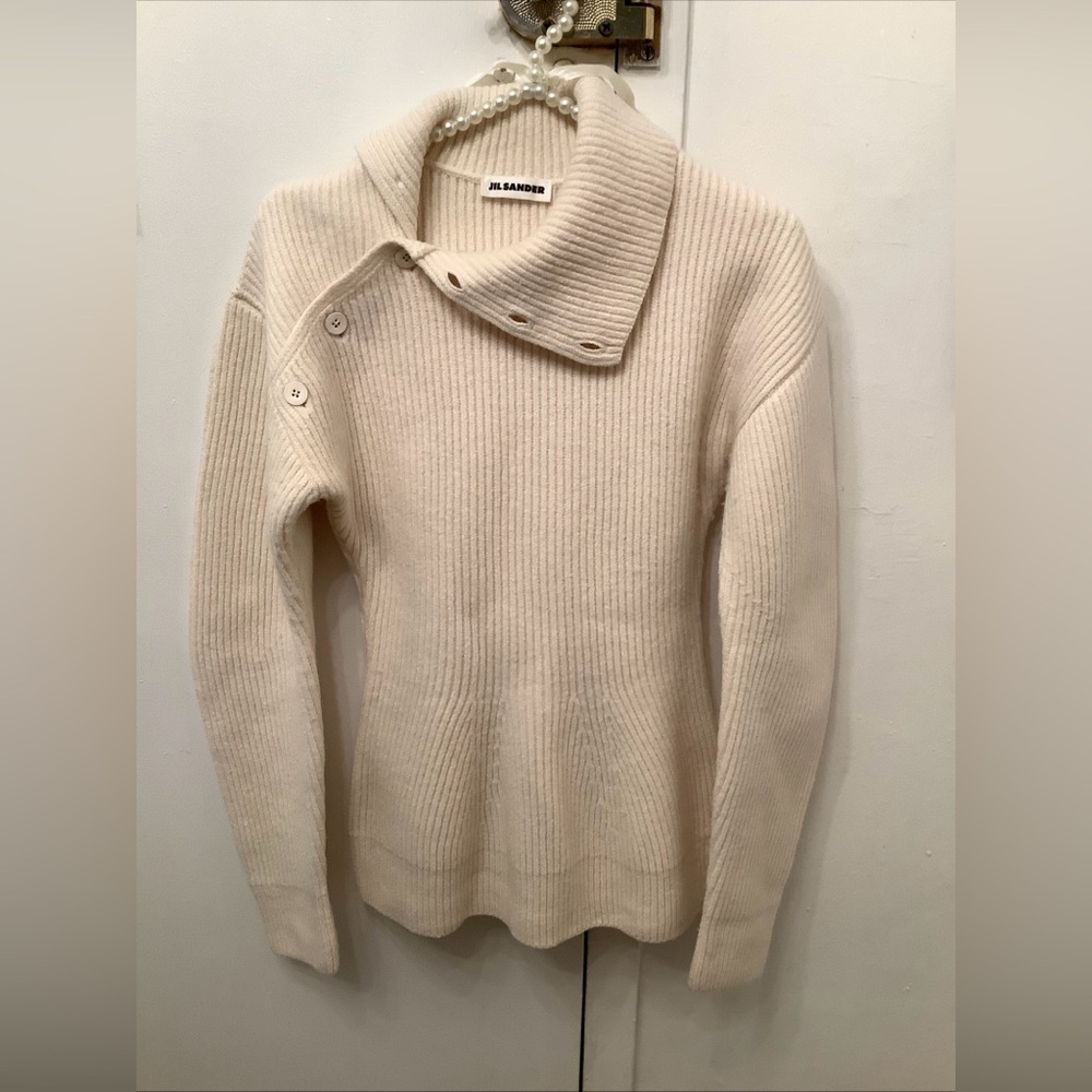 Jil Sander Asymmetric Button Turtleneck Knit Sweater Ivory Long Sleeve Sz 34-S/M - Picture 5 of 16